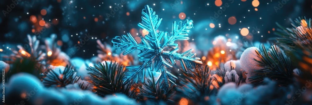 Glowing snowflake with bokeh lights on snowy pine branches Glowing snowflake with bokeh lights on snowy pine branches