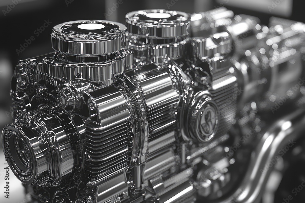 Powerful chrome engine shining in black and white close-up Powerful chrome engine shining in black and white close-up