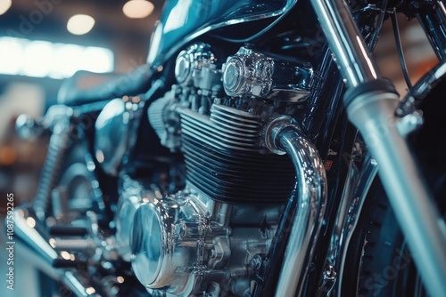 Powerful chrome engine of a custom motorcycle shining under lights photo