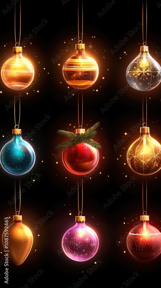 Glowing collection of festive christmas ornaments on black background Glowing collection of festive christmas ornaments on black background