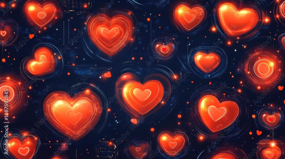 Glowing heart patterns on a dark background with neon effects and digital aesthetic. Happy Valentine's Day. 14 february. Glowing heart patterns on a dark background with neon effects and digital aesthetic. Happy Valentine's Day. 14 february.