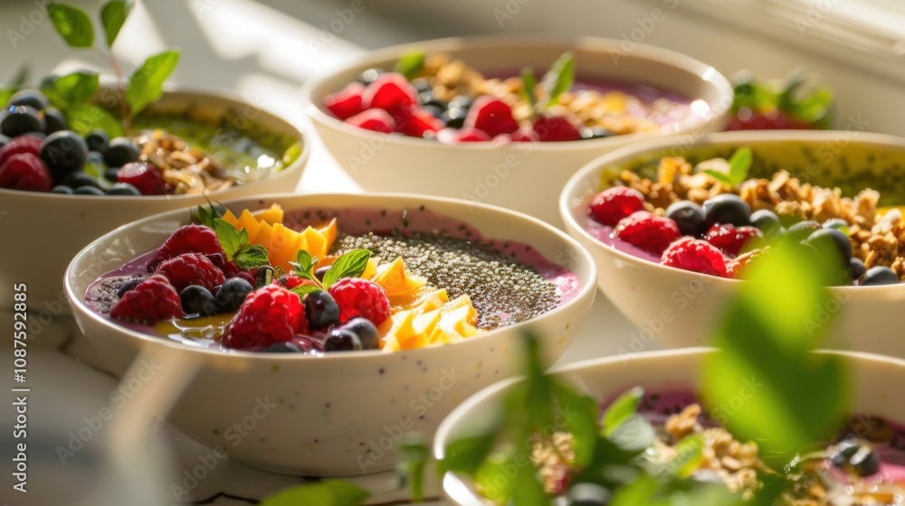 A colorful array of exotic fruit smoothie bowls topped with granola, chia seeds A colorful array of exotic fruit smoothie bowls topped with granola, chia seeds