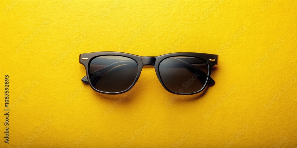 A pair of black sunglasses with gold accents rest atop a vibrant yellow surface, capturing the essence of summer style. A pair of black sunglasses with gold accents rest atop a vibrant yellow surface, capturing the essence of summer style.