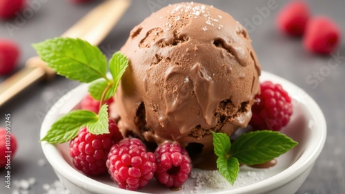 Indulge in Rich Chocolate Ice Cream with Fresh Raspberries and Mint Leaves for a Delightful Treat photo