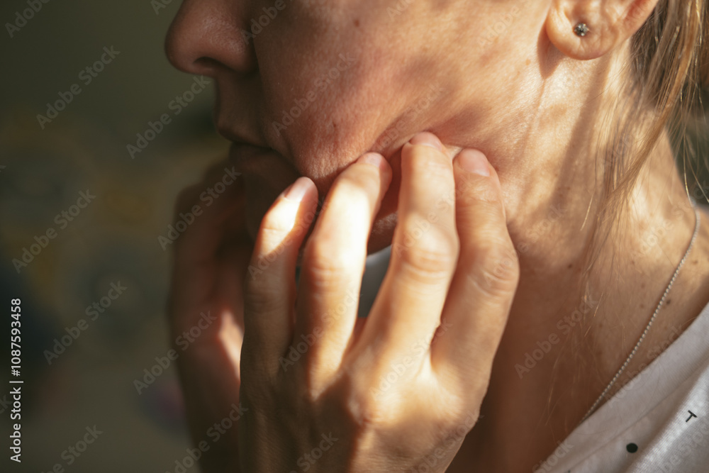Naklejka premium Portrait of beautiful mature woman touching her skin and looking at camera. Close-up face of middle aged woman with wrinkles, massaging her face. Aging process concept.