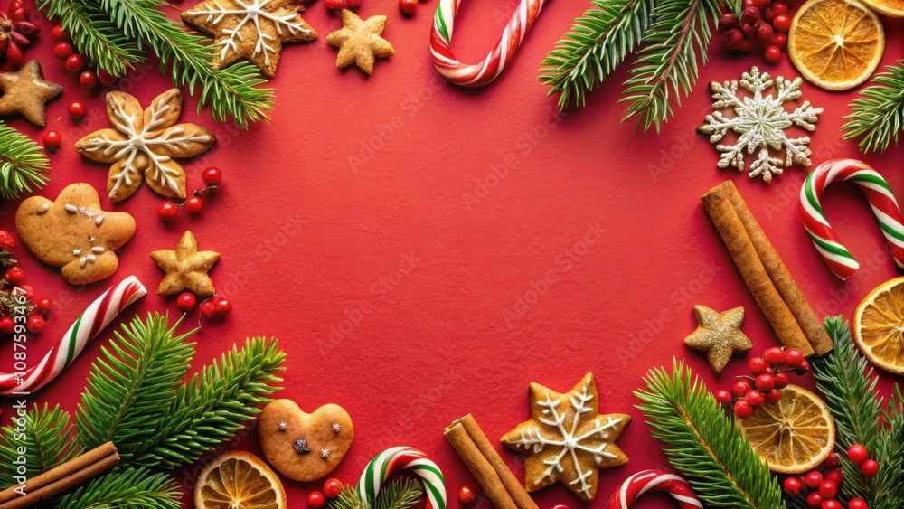 A festive Christmas backdrop featuring a red background adorned with gingerbread cookies, candy canes, cinnamon sticks, dried orange slices, and sprigs of evergreen. A festive Christmas backdrop featuring a red background adorned with gingerbread cookies, candy canes, cinnamon sticks, dried orange slices, and sprigs of evergreen.
