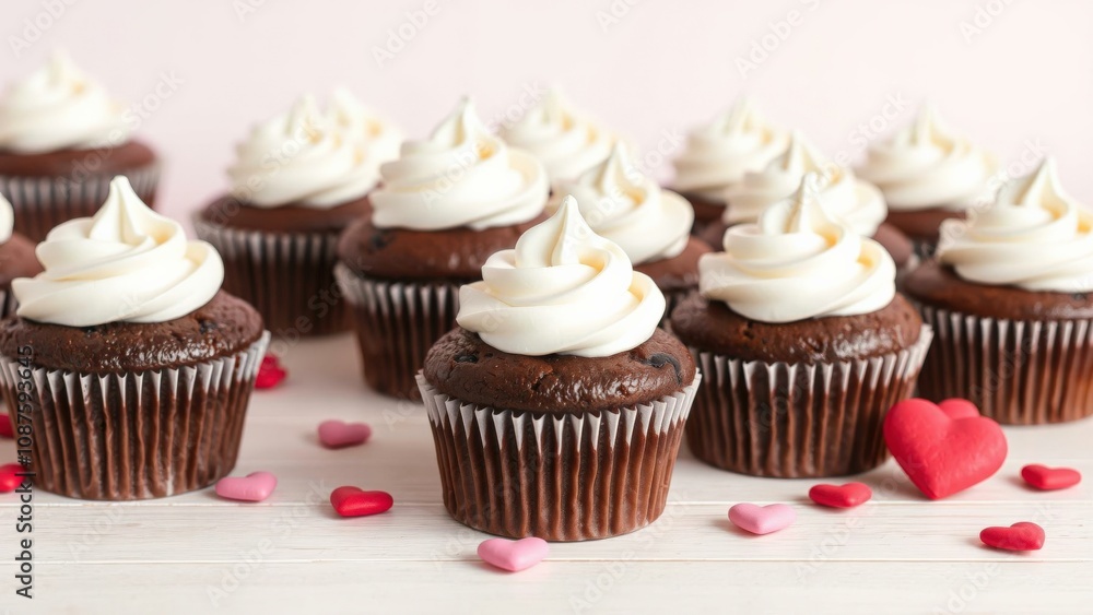 Delightful Chocolate Cupcakes with White Frosting and Heart Confetti - Perfect for Celebrations and Sweet Treats Delightful Chocolate Cupcakes with White Frosting and Heart Confetti - Perfect for Celebrations and Sweet Treats