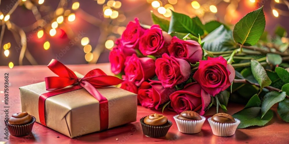 A Gift of Love A Wrapped Present Adorned with a Red Ribbon, a Bouquet of Crimson Roses, and Delicate Chocolate Treats on a Red Tabletop with Soft Bokeh Lights in the Background A Gift of Love A Wrapped Present Adorned with a Red Ribbon, a Bouquet of Crimson Roses, and Delicate Chocolate Treats on a Red Tabletop with Soft Bokeh Lights in the Background