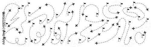 Set of black airplane trajectory for travel and trip