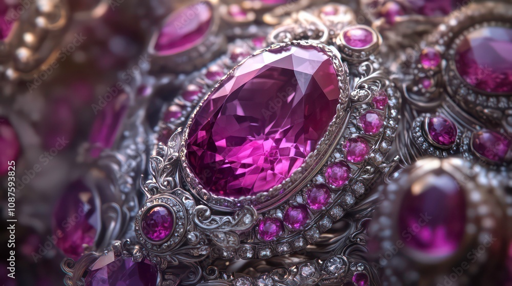 A close-up view of a large, oval-shaped, sparkling pink gemstone surrounded by smaller pink gemstones set in a silver ornate setting. A close-up view of a large, oval-shaped, sparkling pink gemstone surrounded by smaller pink gemstones set in a silver ornate setting.
