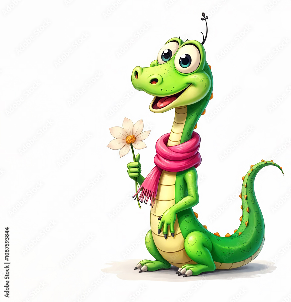 Fototapeta premium Illustration of a cartoon green lizard with a flower