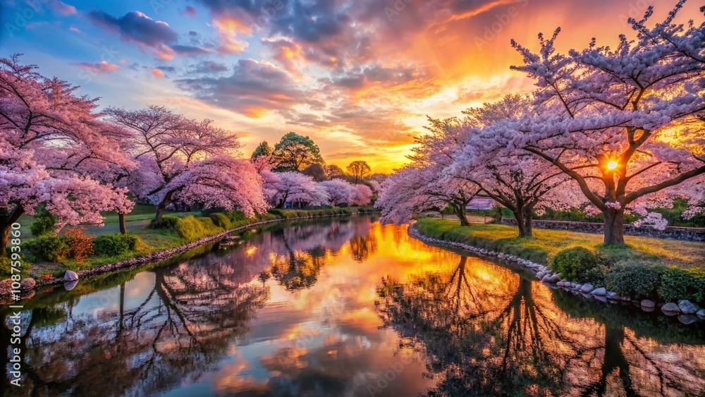 Obraz premium Surreal Garden of Cherry Blossom Dreams at Sunset – A Captivating Landscape of Sakura Blossoms Under a Colorful Sky for Tranquil Nature Wallpaper Inspiration