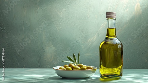 On a rustic gray surface, a bottle of extra virgin olive oil stands next to a bowl filled with green and black olives. Fresh olive branches add a natural touch to the arrangement.