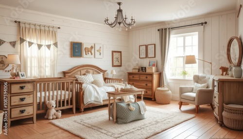 A whimsical children's bedroom with a rustic farmhouse charm, featuring distressed wooden furniture, vintage-inspired accents, and soft pastel hues, complete with a plush area rug, a wooden crib.