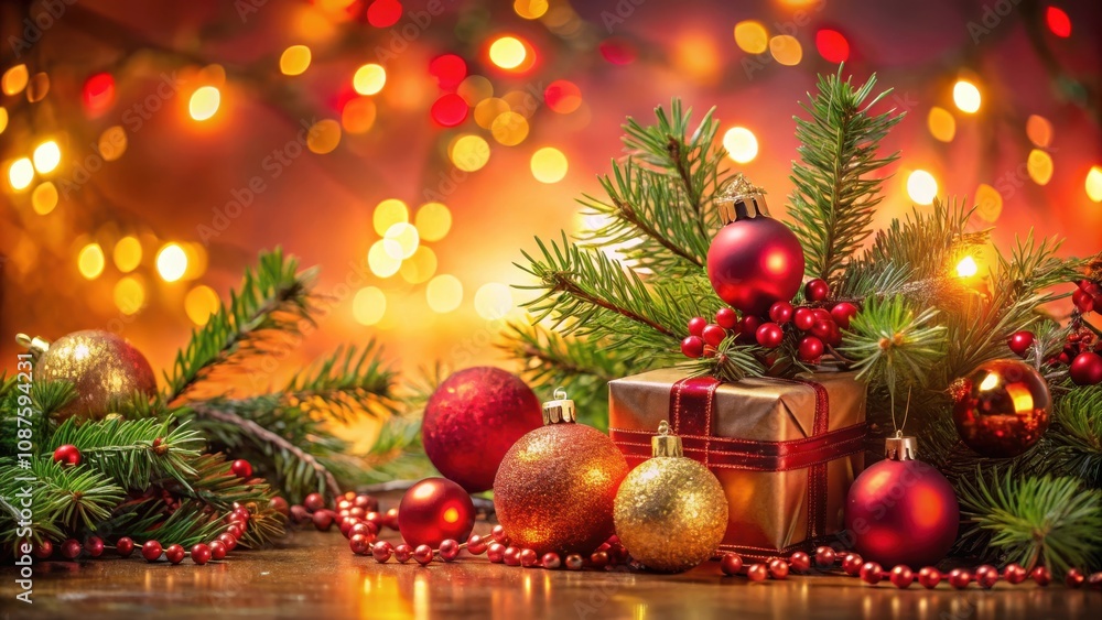 Christmas Ornament Arrangement with Evergreen Branches and a Gift Box, Surrounded by a Festive Glow of Lights Christmas Ornament Arrangement with Evergreen Branches and a Gift Box, Surrounded by a Festive Glow of Lights