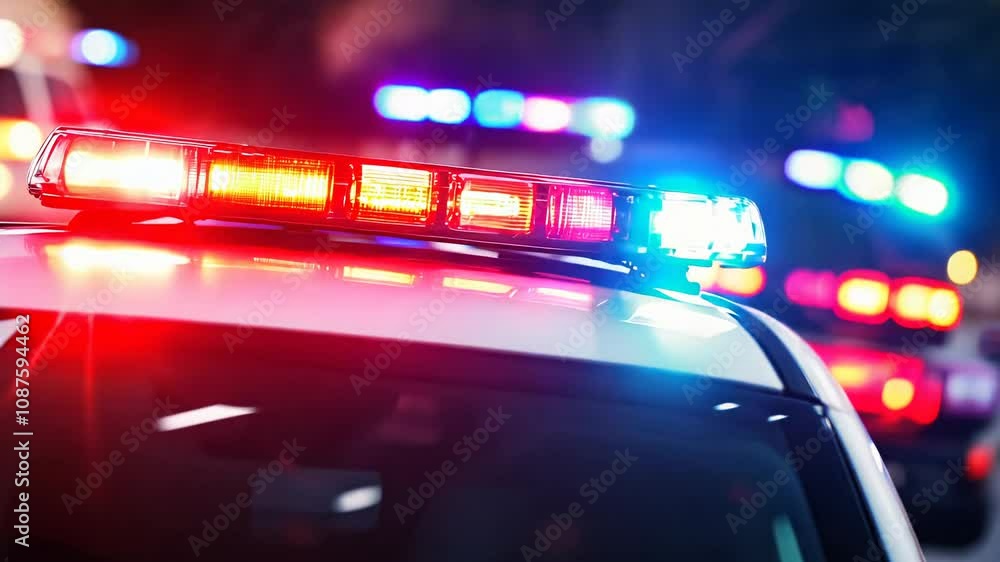 Red and Blue Emergency Police Car Lights in Dark Background. Law Enforcement and Public Safety Concept Red and Blue Emergency Police Car Lights in Dark Background. Law Enforcement and Public Safety Concept