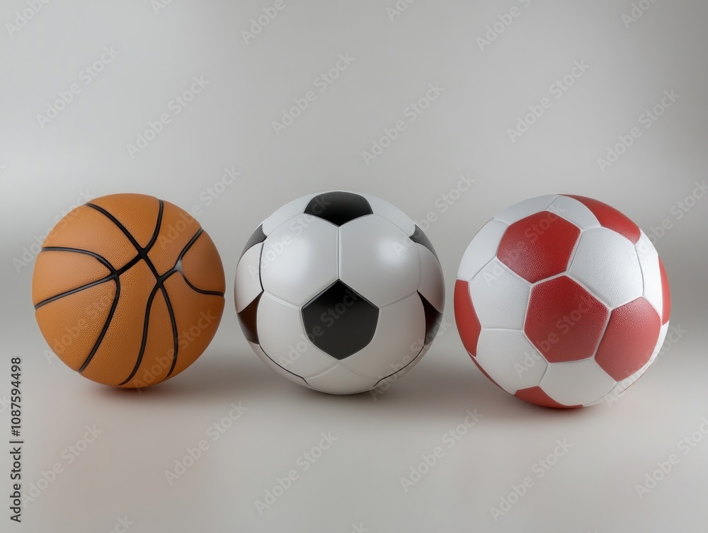 Three sports balls arranged in a row a basketball, a soccer ball, and a volleyball. Three sports balls arranged in a row a basketball, a soccer ball, and a volleyball.