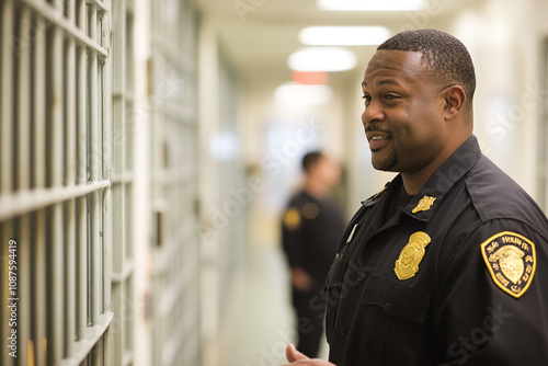 Prison guard conducting professional interaction with inmate in common area.