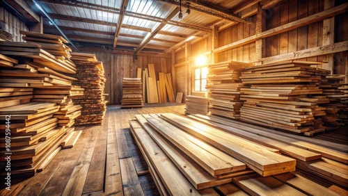 Sunlight bathes a rustic woodshop, illuminating stacks of timber planks, highlighting the natural beauty of the raw materials, promising the creation of something special.