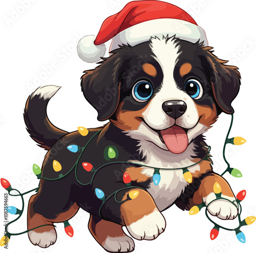 Festive Bernese Mountain Dog Puppy in Santa Hat