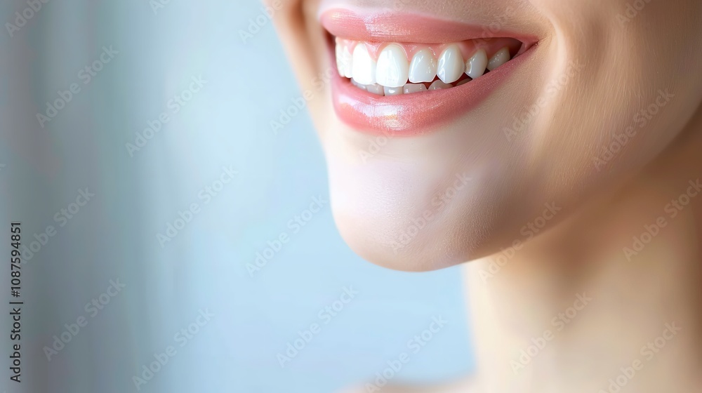 Obraz premium A smiling woman's mouth with bright, white, healthy teeth, Generative Ai.