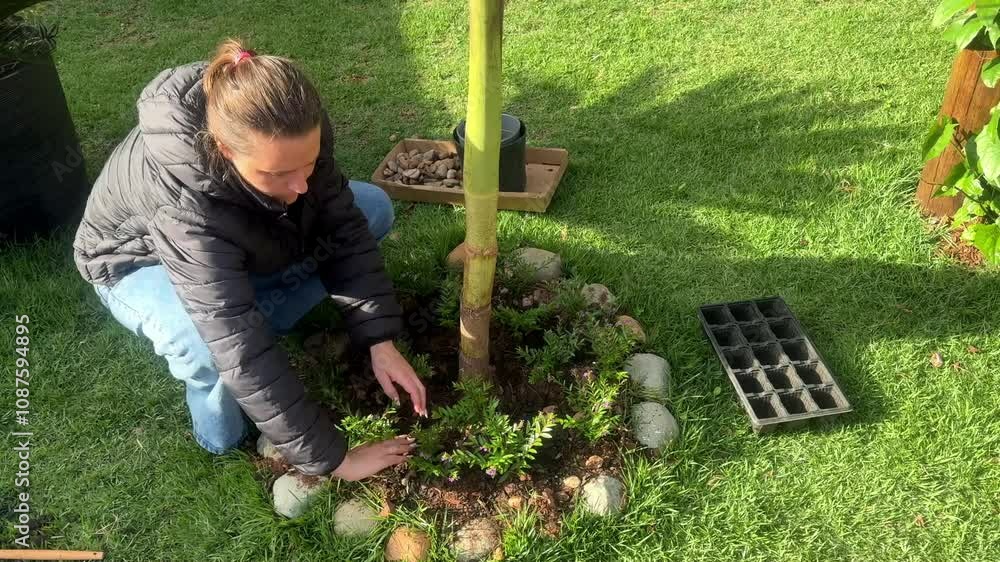 mulher planta plantas no jardim 