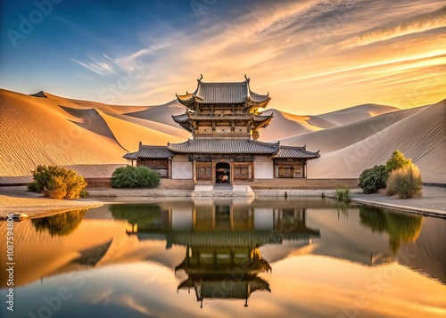 Minimalist Crescent Moon Lake Entrance, Mingsha Mountain, Dunhuang, 2024 photo