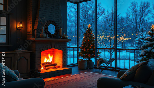 A classic living room interior with a warm and cozy indoor fireplace at its center, set against a seamless looping time-lapse background of a serene winter evening. photo