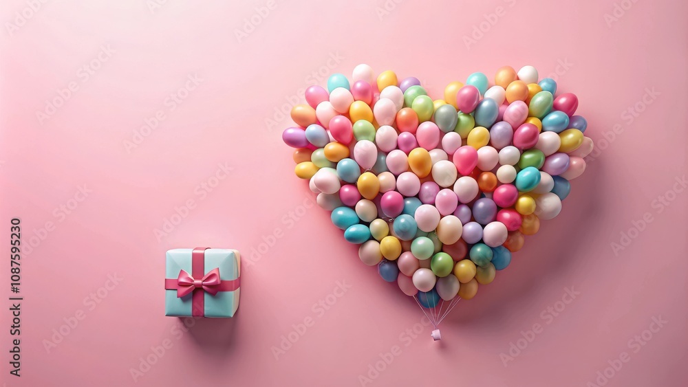 A pastel-colored balloon heart floating above a gift wrapped in blue paper and a pink ribbon A pastel-colored balloon heart floating above a gift wrapped in blue paper and a pink ribbon