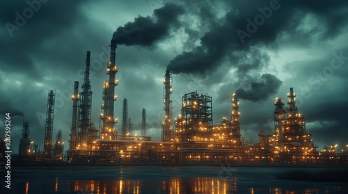 Oil refinery with dramatic clouds overhead: Dark industry and environment contrast, shallow depth of field, soft lighting