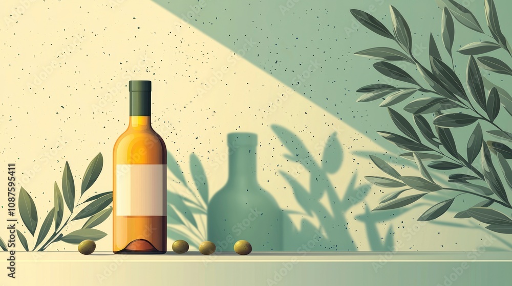 This stylish vector design features a tall olive oil bottle surrounded by delicate olive leaves and olives, set against a warm, minimalistic backdrop, creating an elegant composition. This stylish vector design features a tall olive oil bottle surrounded by delicate olive leaves and olives, set against a warm, minimalistic backdrop, creating an elegant composition.