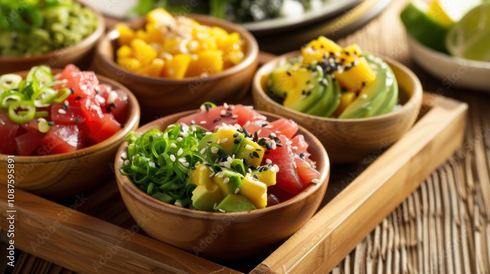 A colorful array of poke bowls filled with marinated tuna, avocado A colorful array of poke bowls filled with marinated tuna, avocado