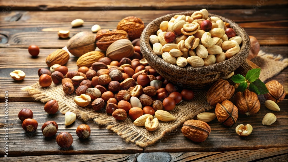 A Rustic Arrangement of Assorted Nuts on a Wooden Tabletop, Featuring a Bowl of Peeled Nuts and a Scattered Assortment of Shelled Nuts and Nutmeats A Rustic Arrangement of Assorted Nuts on a Wooden Tabletop, Featuring a Bowl of Peeled Nuts and a Scattered Assortment of Shelled Nuts and Nutmeats