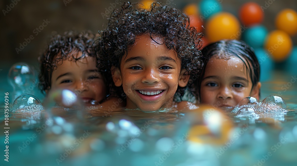 Three Happy Children Enjoying a Pool Day Three Happy Children Enjoying a Pool Day