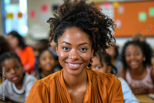 The image captures a cheerful young female teacher in an orange blouse, smiling warmly with her students in a vibrant classroom setting