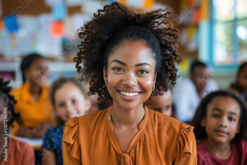 A cheerful young female teacher smiling brightly in a colorful classroom setting, surrounded by students, highlighting education and diversity