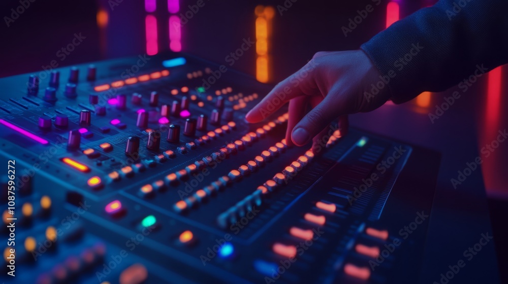 Close-up of a person's hand manipulating the faders and knobs of a professional audio mixing console. Close-up of a person's hand manipulating the faders and knobs of a professional audio mixing console.