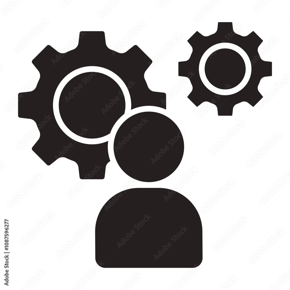 Person with Gears Symbolizing Process and Thinking icon. Person with Gears Symbolizing Process and Thinking icon.