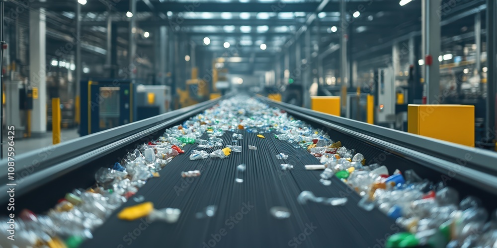 Conveyor Belt In Plastic Recycling Facility With Mixed Waste Focus On