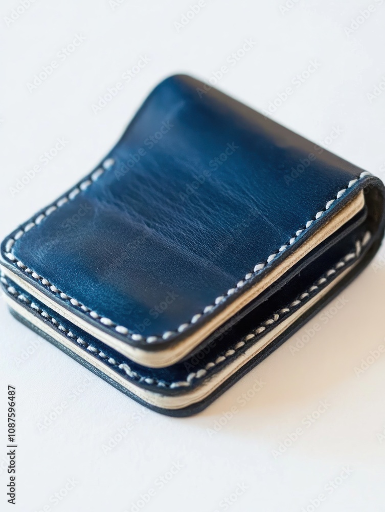 A folded navy leather wallet with white stitching, designed for carrying cards and cash. A folded navy leather wallet with white stitching, designed for carrying cards and cash.