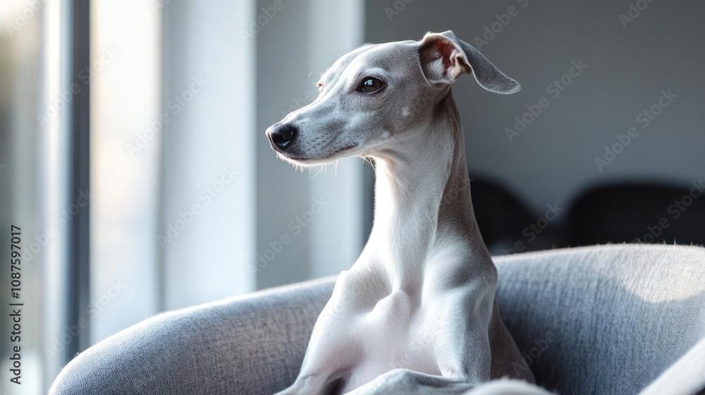 A serene dog sitting elegantly on a couch, gazing out a window. A serene dog sitting elegantly on a couch, gazing out a window.