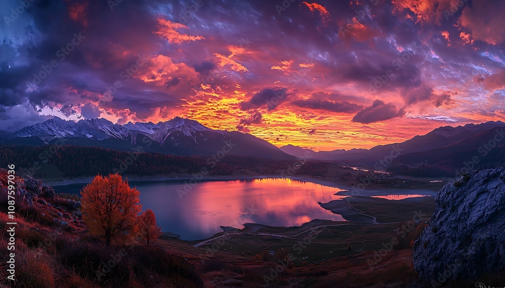 Naklejka premium A stunning nature landscape Resia Lake in the Dolomites during sunrise, showcasing a colorful sky and a breathtaking view the surrounding area.