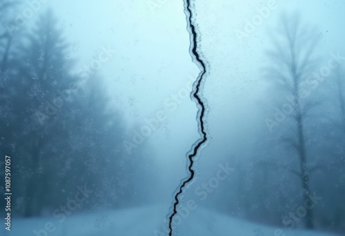 A hazy winter morning with misty trees and cracked glass revealing a quiet road ahead
