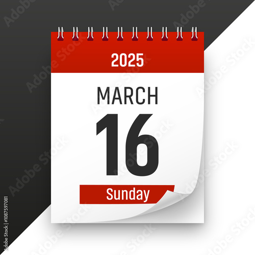 Date 16 March 2025 year realistic calendar day page design