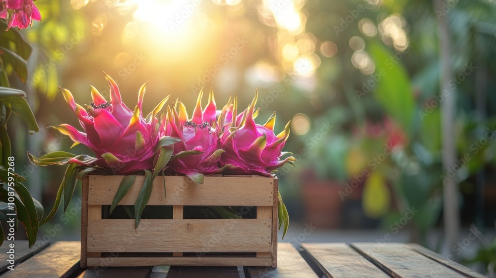 A wooden crate filled with vibrant dragon fruits, illuminated by soft sunlight in a garden. A wooden crate filled with vibrant dragon fruits, illuminated by soft sunlight in a garden.