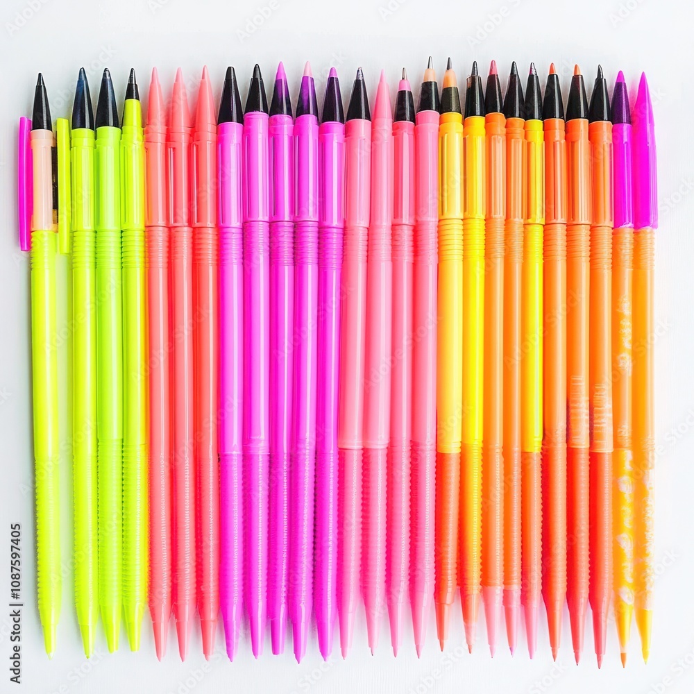 A vibrant arrangement of colorful pens in various shades, ideal for writing and drawing. A vibrant arrangement of colorful pens in various shades, ideal for writing and drawing.