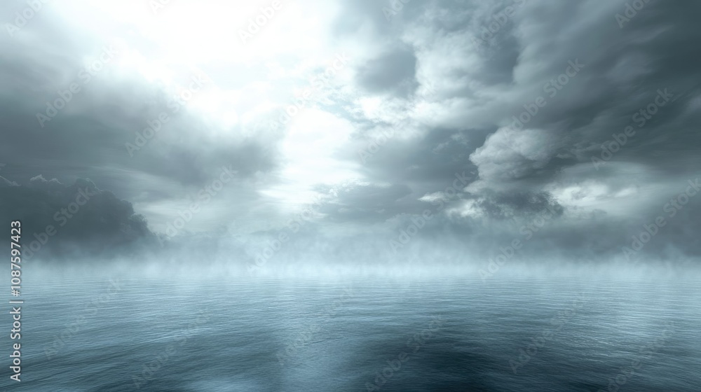 Foggy lake with a stormy sky above, clouds shifting in a dramatic pattern, adding a mysterious and intense atmosphere to the scene. Foggy lake with a stormy sky above, clouds shifting in a dramatic pattern, adding a mysterious and intense atmosphere to the scene.