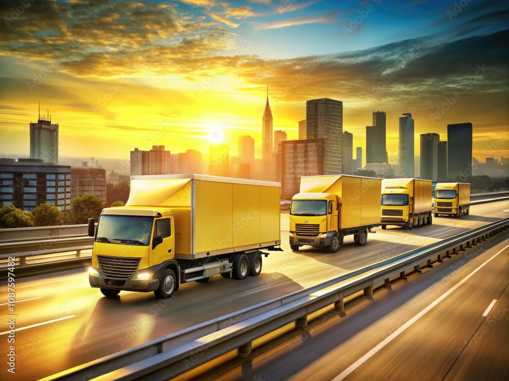 Long Exposure of Moving Delivery Trucks in Yellow and White Conveying Speed and Motion Long Exposure of Moving Delivery Trucks in Yellow and White Conveying Speed and Motion