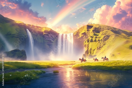 Fototapeta Naklejka Na Ścianę i Meble -  An impressively beautiful nature scene in Iceland during sunset, with Skogafoss waterfall as the main focus and tourists riding horses nearby.
