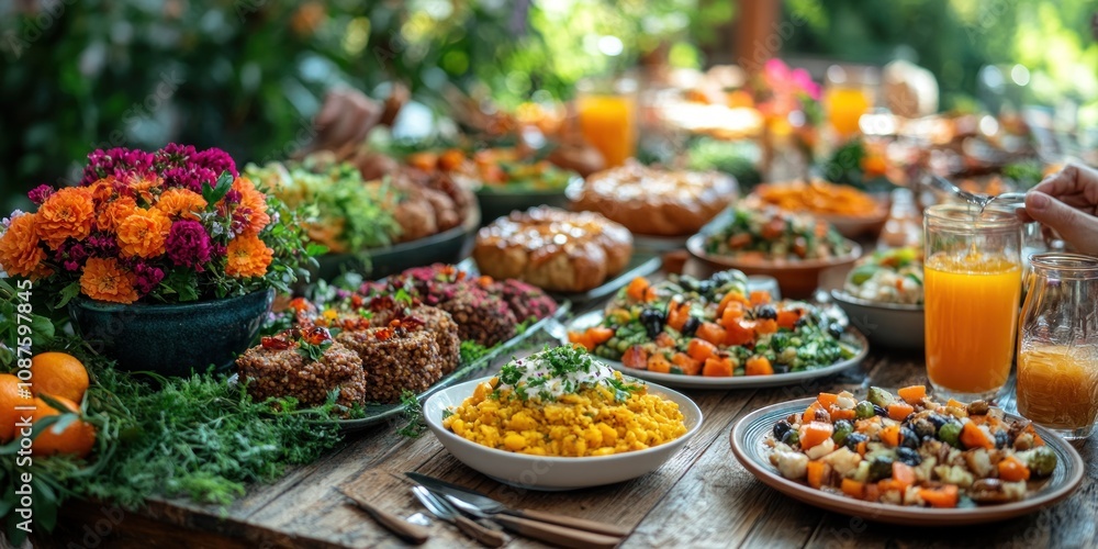 Obraz premium Abundant outdoor feast with colorful dishes and flowers.